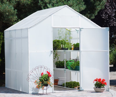 A small, polycarbonate Solexx greenhouse with cute plants