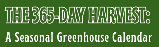 Seasonal greenhouse calendar infographic showing winter, spring, summer, and fall growing phases with polycarbonate, hybrid, and glass greenhouse structures, crop focus tips, and benefits for year-round planting from Mulberry Greenhouses.