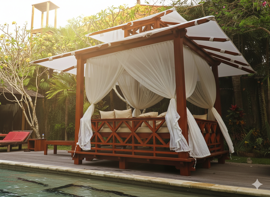 Exquisite handcrafted solid wood gazebo from Bali, Indonesia, featuring premium Bengkirai hardwood and elegant detailing.