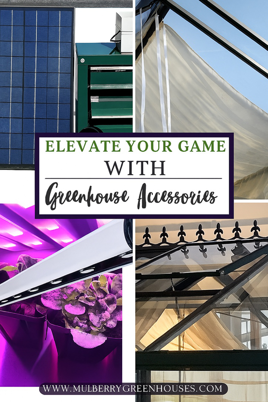 A promotional graphic featuring various modern greenhouse accessories like solar panels, LED lights, and shading solutions.