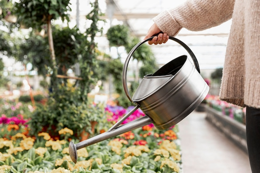 A woman watering plants inside a greenhouse