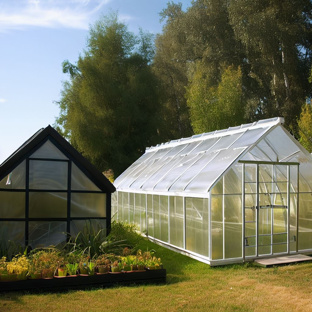 A glass greenhouse next to a polycarbonate greenhouse