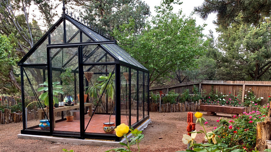 Compact backyard glass greenhouse with organized interior bench and clear center walkway