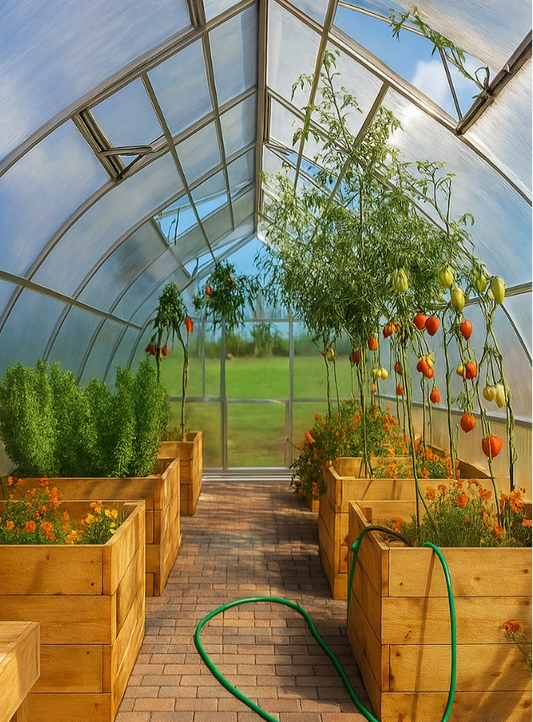 Greenhouse interior with raised beds growing vegetables like tomatoes and herbs for year-round seasonal planting