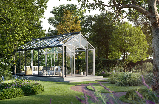 Stylish Livingten glass greenhouse with mountain view and elegant black frame