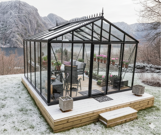 An Exaco Janssens glass greenhouse surrounded by winter-ready greenery, ideal for winter greenhouse gardening across multiple climate zones.