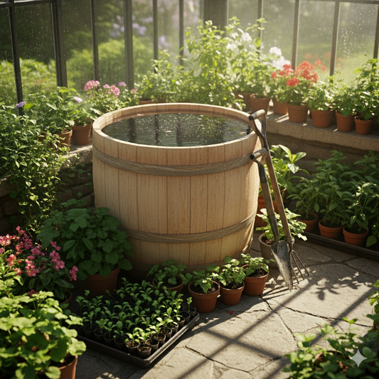A large wooden water barrel surrounded by potted plants inside a greenhouse.