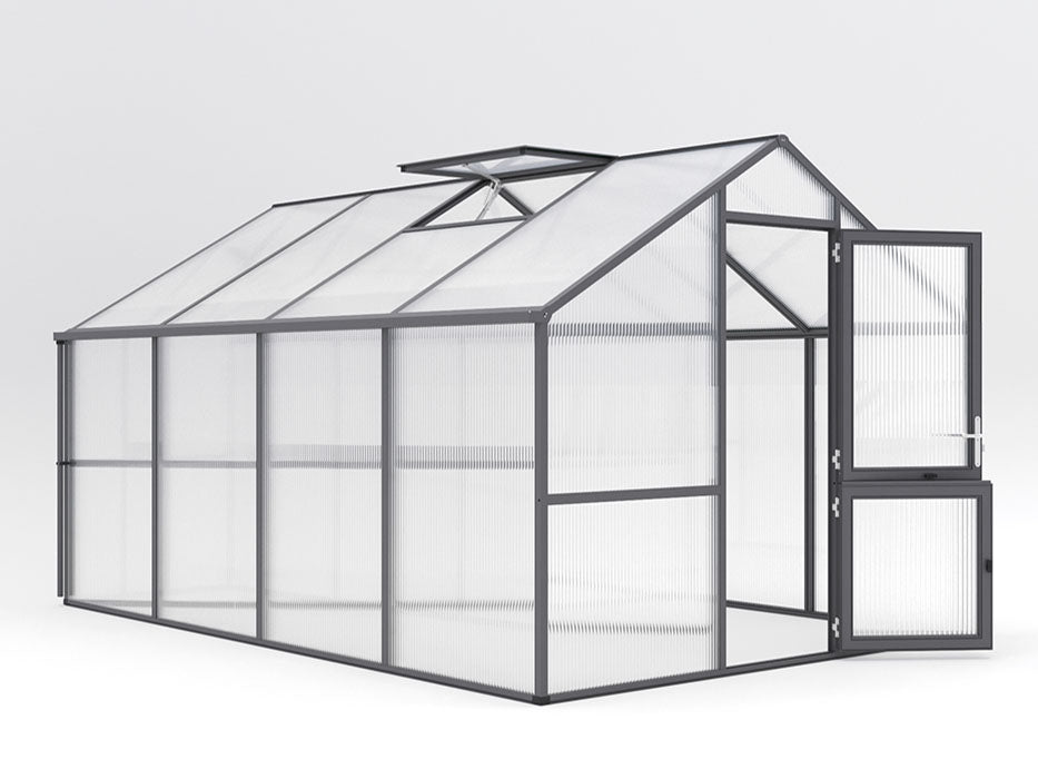 Nelke 4 Pro greenhouse on a white background showing the gable front, Dutch door and roof vent