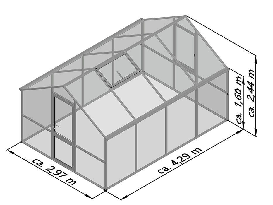 Nelke 4 Pro dimension drawing: about 2.97 m wide, 4.29 m long, 1.60 m side wall and 2.44 m peak