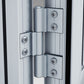 Heavy-duty aluminum door hinge on the Nelke greenhouse