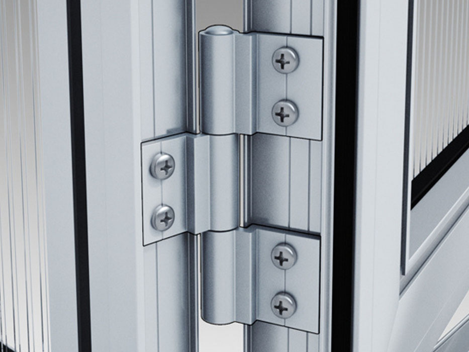 Heavy-duty aluminum door hinge on the Nelke greenhouse