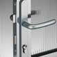 Close-up of the Nelke greenhouse door handle with key lock