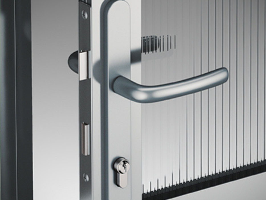 Close-up of the Nelke greenhouse door handle with key lock