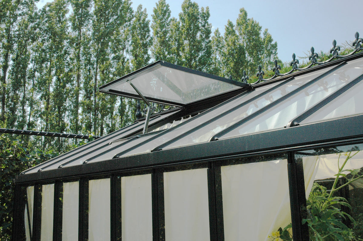 Close-up of the 4 mm tempered safety glass roof panes, rubber-sealed glazing bars and roof vent on a black Janssens greenhouse