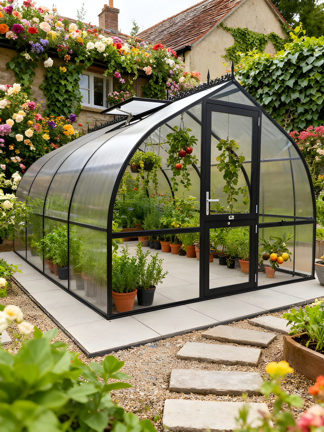 Hoklartherm Riga greenhouse with a black frame on a stone patio in a cottage flower garden