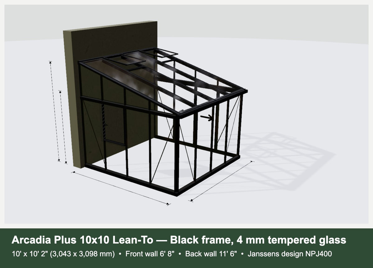 Janssens Arcadia Plus 10x10 lean-to greenhouse, black frame with tempered glass (design NPJ400)