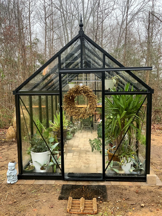 Customer photo: black Junior Victorian J-VIC 25 glass greenhouse, front door with a wreath, filled with tropical potted plants