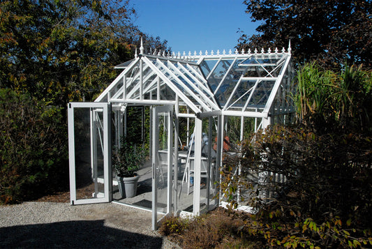 White Janssens EOS T-shaped Royal Antique Victorian glass greenhouse, front view