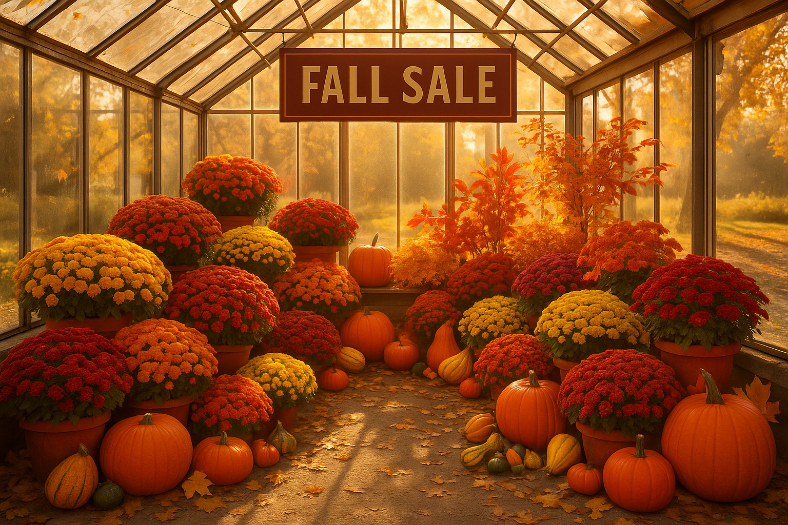 Greenhouse in Fall season and promoting Fall Sale