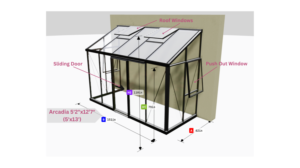 Janssens Arcadia lean-to greenhouse 5'2" x 12'7" (5x13) dimension drawing