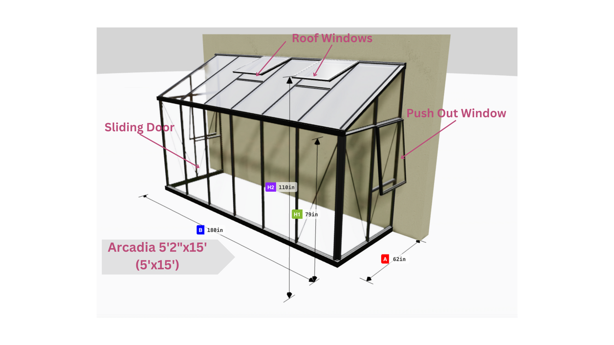 Janssens Arcadia lean-to greenhouse 5'2" x 15' (5x15) dimension drawing