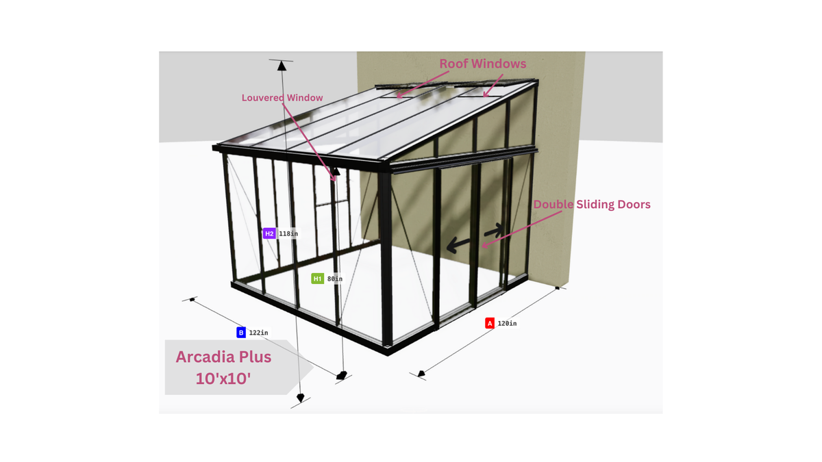 Janssens Arcadia Plus 10x10 lean-to greenhouse dimension drawing