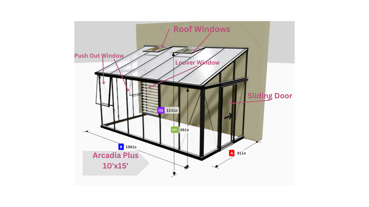 Janssens Arcadia Plus 10x15 lean-to greenhouse dimension drawing