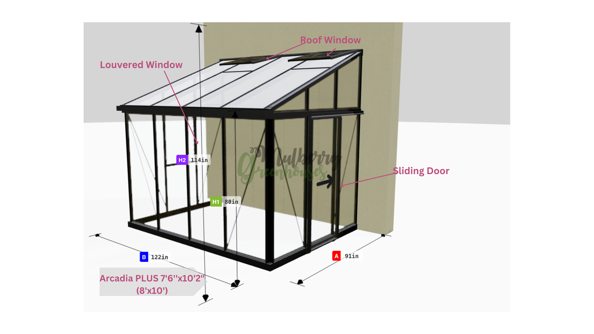 Janssens Arcadia Plus 8x10 lean-to greenhouse dimension drawing