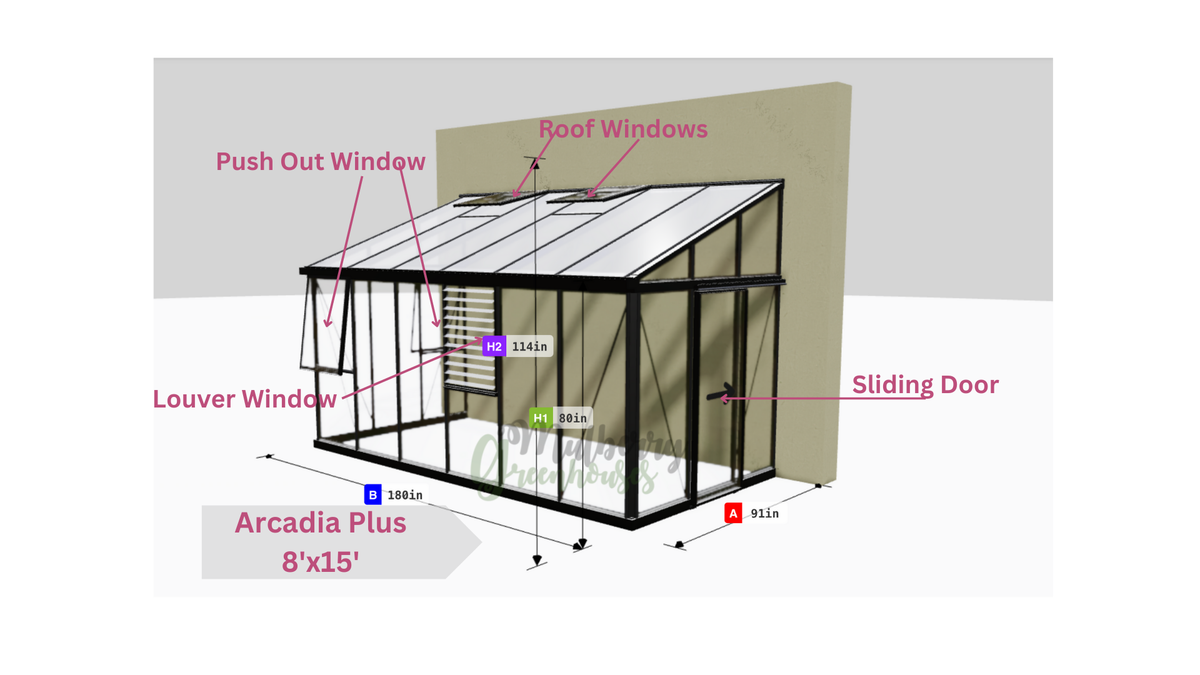 Janssens Arcadia Plus 8x15 lean-to greenhouse dimension drawing
