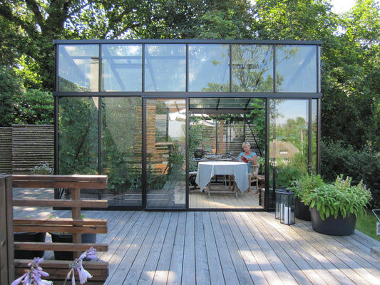 Janssens Modern greenhouse with front double sliding doors (10x15 M34 shown)
