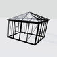 Janssens Pyramid 10x10 (10' 2" x 10' 2") glass greenhouse with black aluminum frame, front corner view