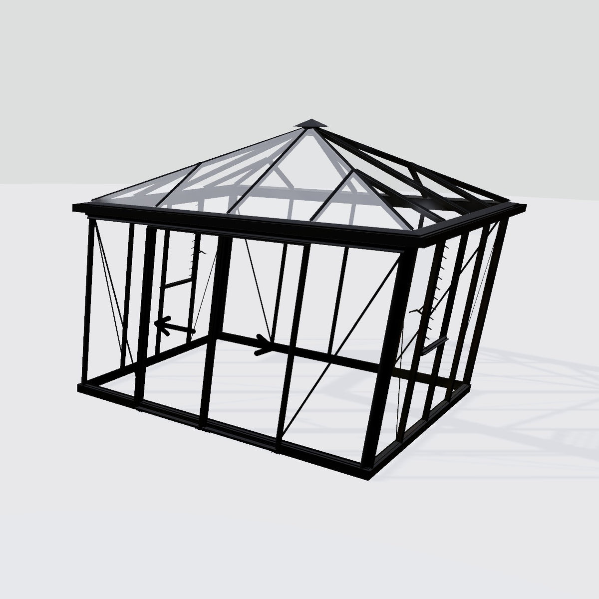 Janssens Pyramid 10x10 (10' 2" x 10' 2") glass greenhouse with black aluminum frame, front corner view