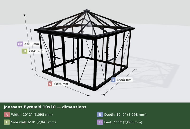 Janssens Pyramid 10x10 dimensions: 10' 2" x 10' 2" (3,098 mm), 6' 8" sidewalls, 9' 5" peak
