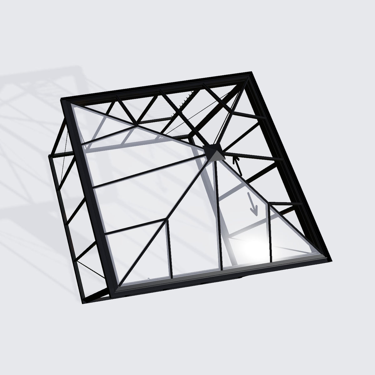 Janssens Pyramid 10x10 (10' 2" x 10' 2") glass greenhouse, top view of the four-sided glass roof