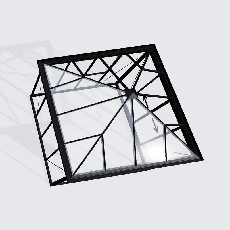 Janssens Pyramid 10x10 (10' 2" x 10' 2") glass greenhouse, top view of the four-sided glass roof