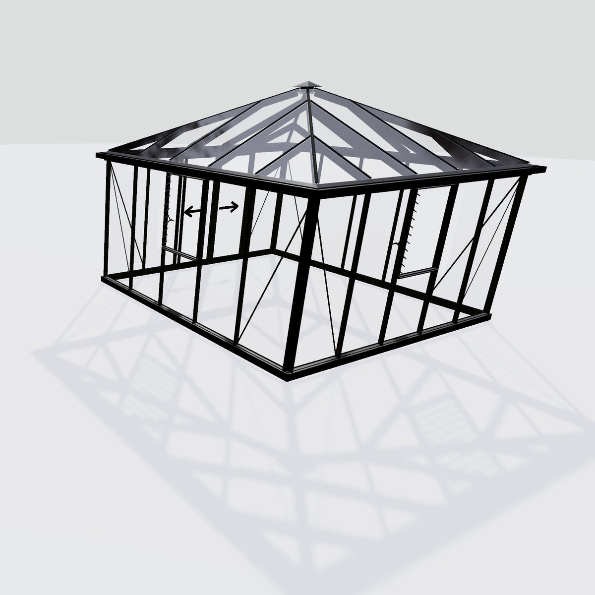 Janssens Pyramid 12x12 (12' 7" x 12' 7") glass greenhouse, raised corner view of the pyramid roof