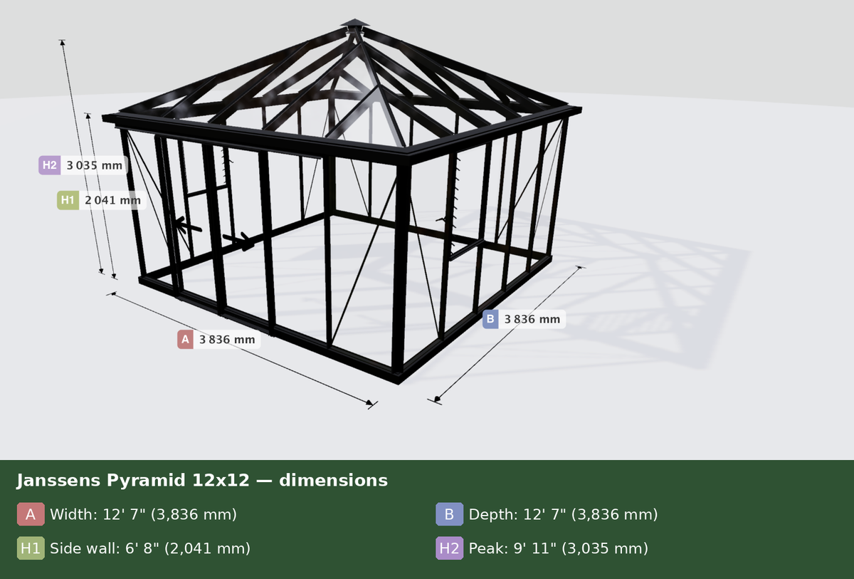 Janssens Pyramid 12x12 dimensions: 12' 7" x 12' 7" (3,836 mm), 6' 8" sidewalls, 9' 11" peak