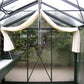 Inside a Royal Victorian greenhouse: white shade curtains, roof window and a shelf