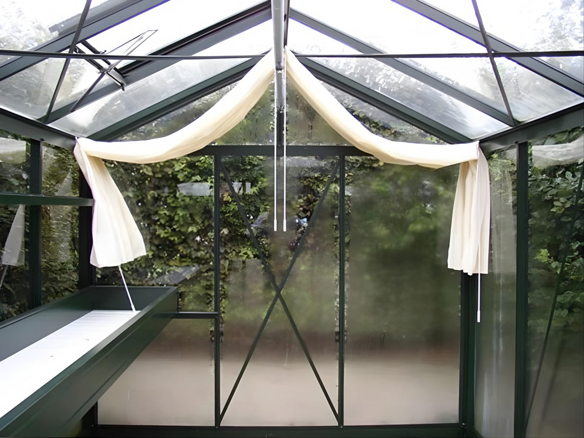 Inside a Royal Victorian greenhouse: white shade curtains, roof window and a shelf