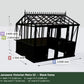 Janssens Victorian Retro 23 greenhouse, black frame, front view showing the double doors, with dimensions: 7'9" wide x 10'2" long, 6'7" side walls, 8'6" peak