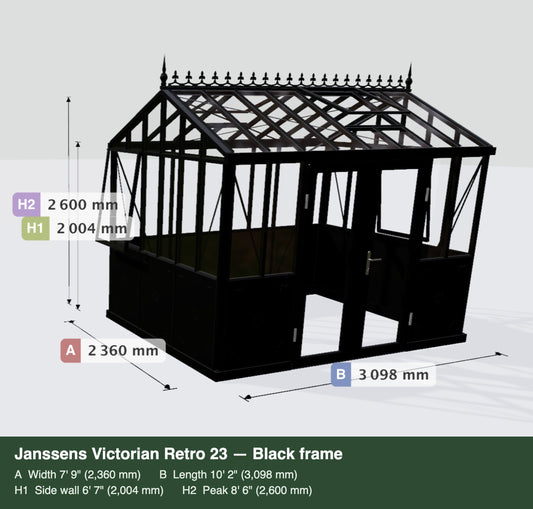 Janssens Victorian Retro 23 greenhouse, black frame, front view showing the double doors, with dimensions: 7'9" wide x 10'2" long, 6'7" side walls, 8'6" peak