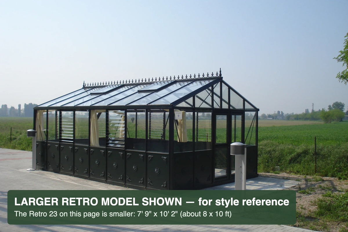 Black Janssens Retro Victorian greenhouse on a gravel base – larger Retro model shown for style reference; the Retro 23 is 7'9" x 10'2"