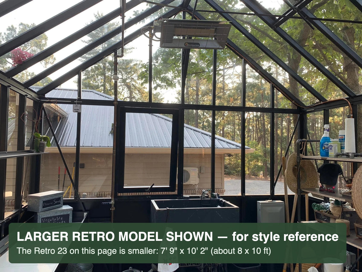 Inside a black Janssens Retro Victorian greenhouse – larger Retro model shown for style reference; the Retro 23 is 7'9" x 10'2"
