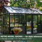 Black Janssens Retro Victorian greenhouse on a tree-lined patio – larger Retro model shown for style reference; the Retro 23 is 7'9" x 10'2"