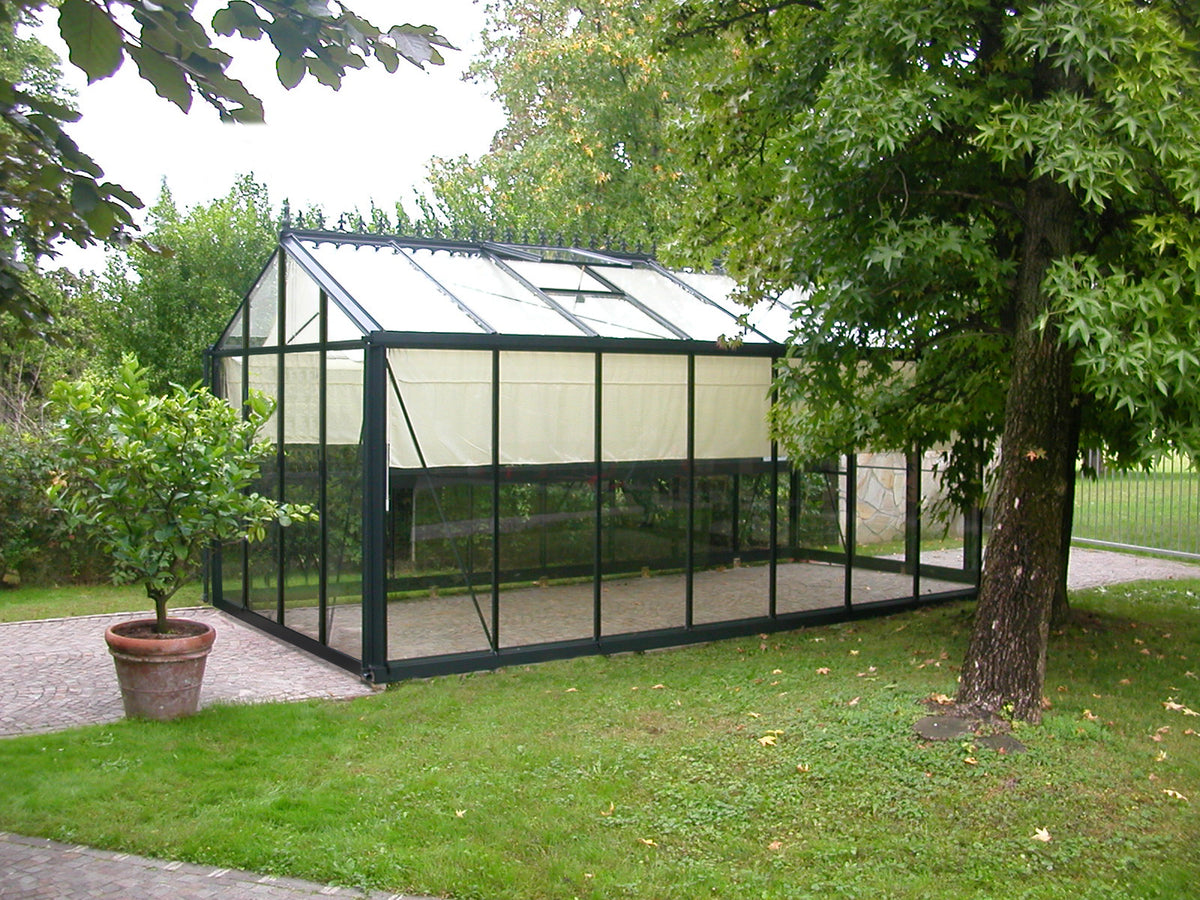 Royal Victorian VI36 greenhouse, empty with interior shade screens, on a lawn beside a large tree