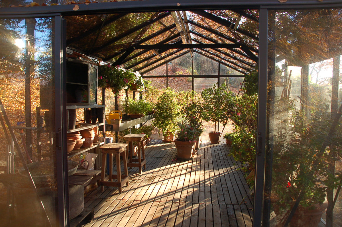 Inside a Royal Victorian VI36 greenhouse: seating area in sunlight