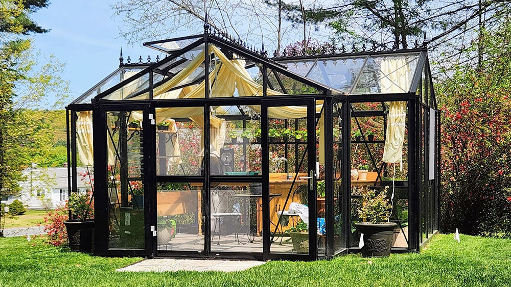 Front view of the Janssens T-Shaped Royal Victorian Orangerie on a lawn