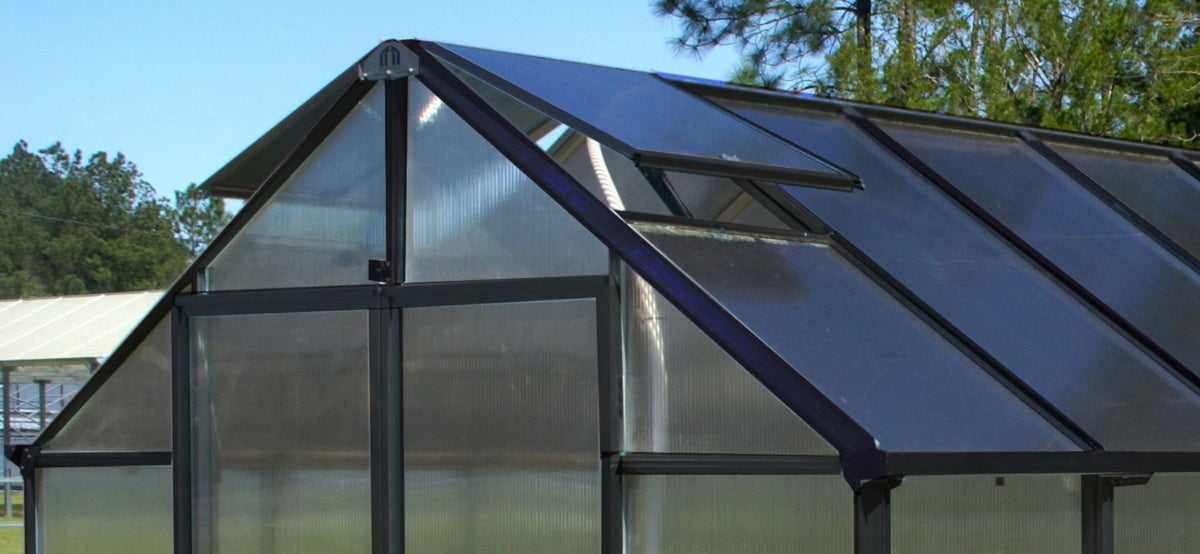 Close-up of the MONT Mojave tinted roof panels above the 8 mm twin-wall polycarbonate walls