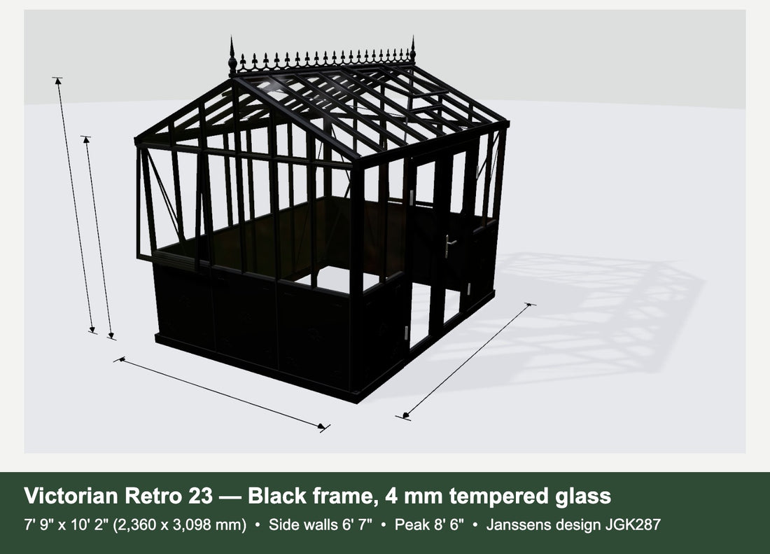 Janssens Victorian Retro 23 greenhouse, black frame with decorative lower panels (design JGK287)