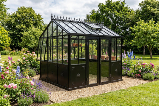 Janssens Victorian Retro 23 black greenhouse in a garden
